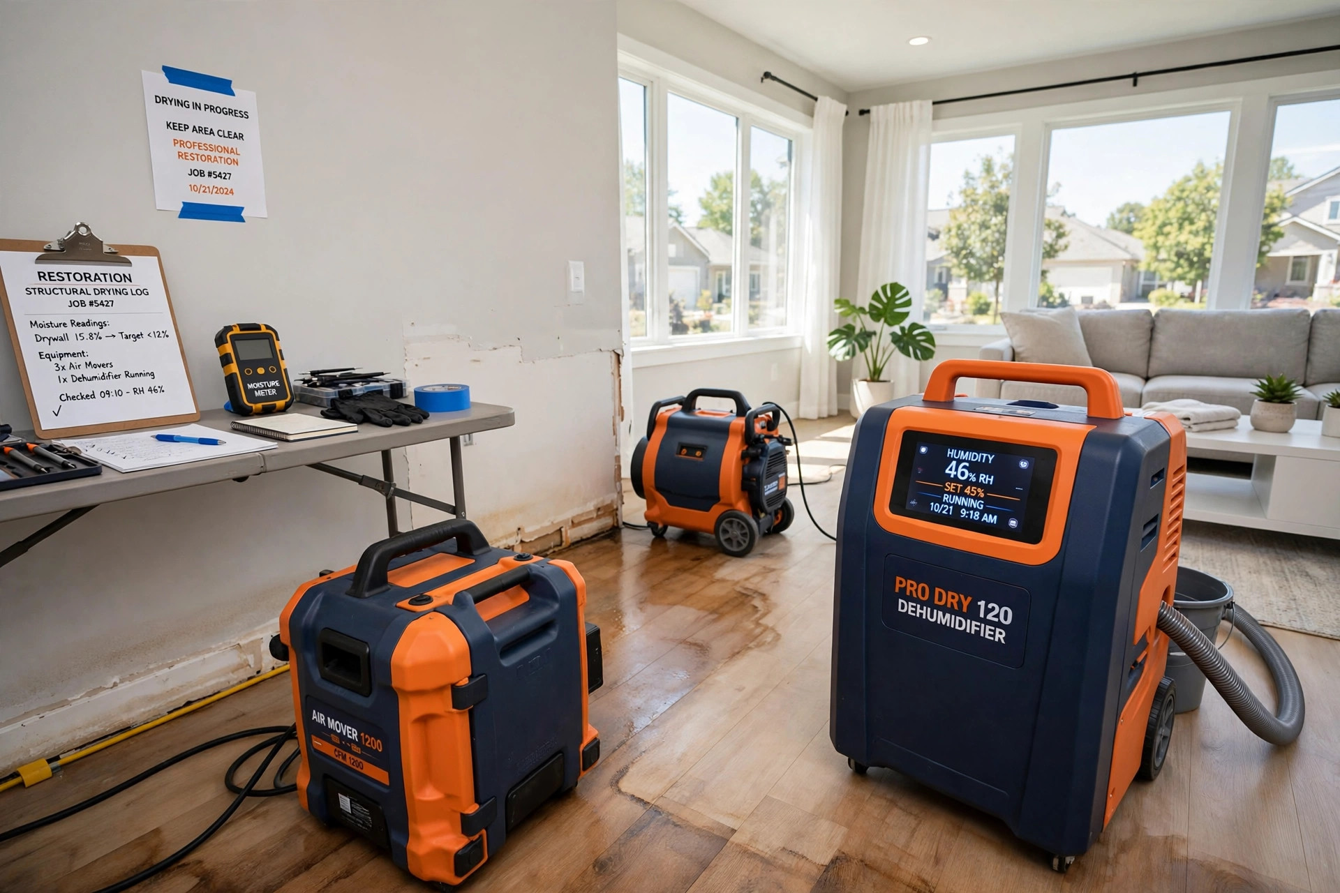 Air movers and a dehumidifier drying a room after water damage
