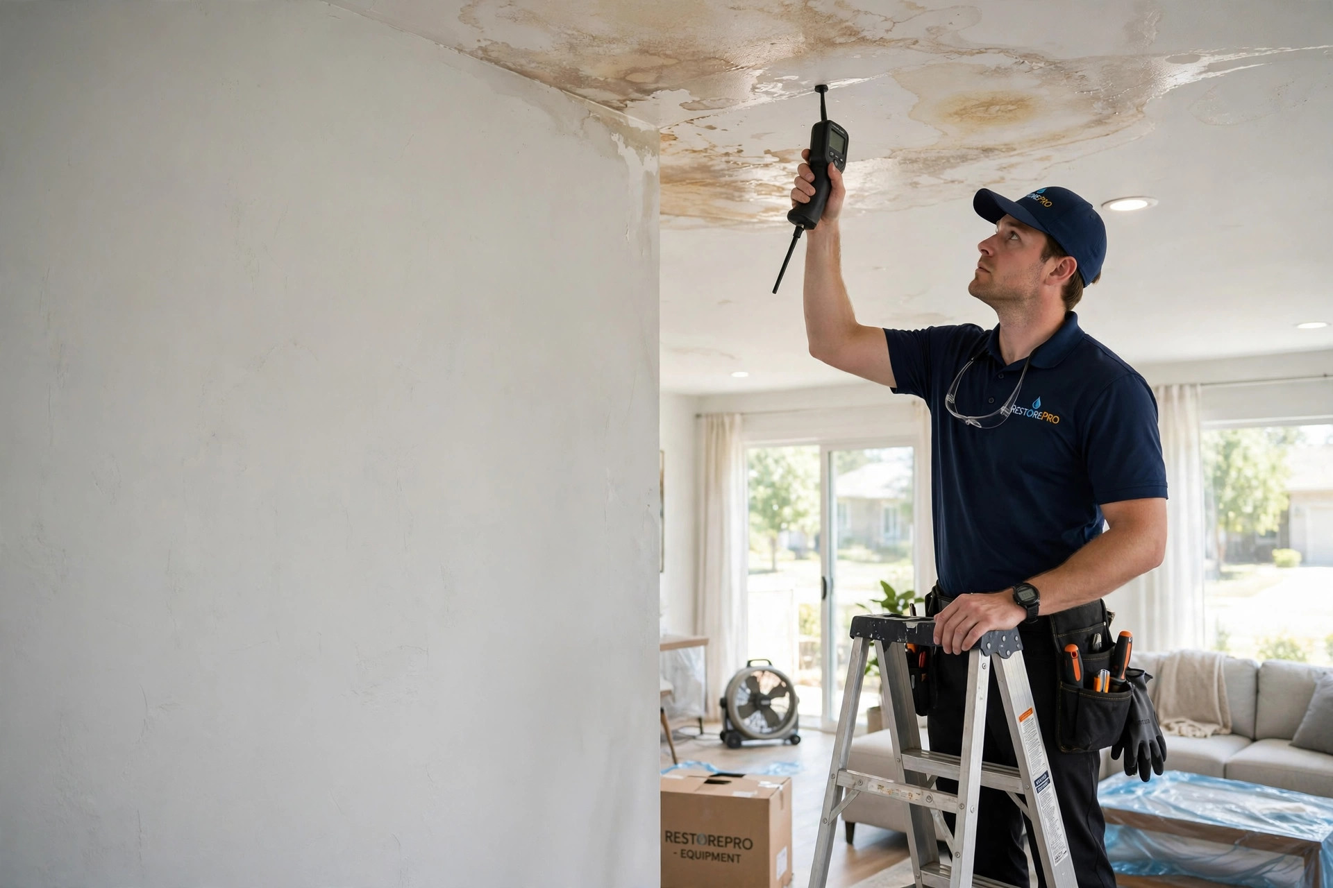 Technician checking a water-stained ceiling with a moisture meter